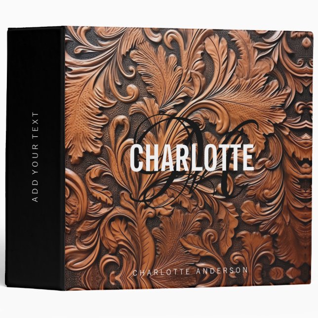 Tooled leather monogram female name 3 ring binder (Front/Spine)