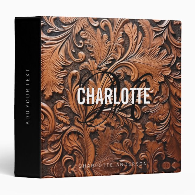 Tooled leather monogram female name 3 ring binder (Front/Spine)