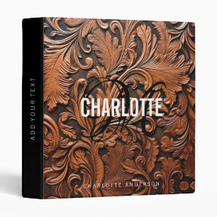 Tooled leather monogram female name 3 ring binder