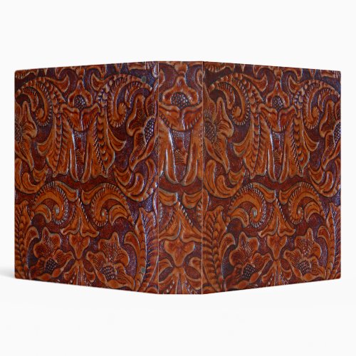 Tooled Leather Photo Design Cognac Brown 3 Ring Binder