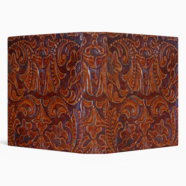 Tooled Leather Photo Design Cognac Brown 3 Ring Binder (Background)
