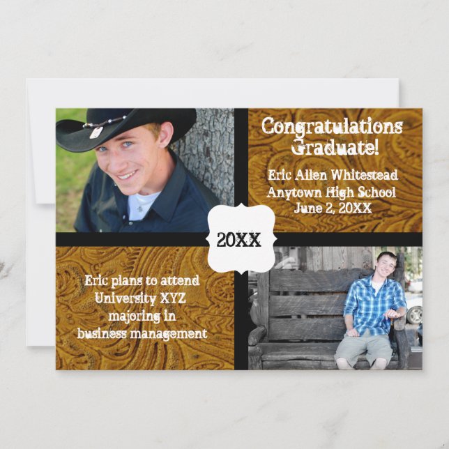 Tooled Leather Photo Graduation Announcement (Front)
