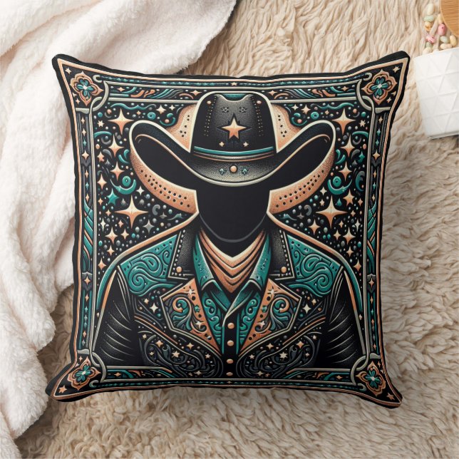  Tooled Leather Print Cowboy Throw Pillow (Blanket)
