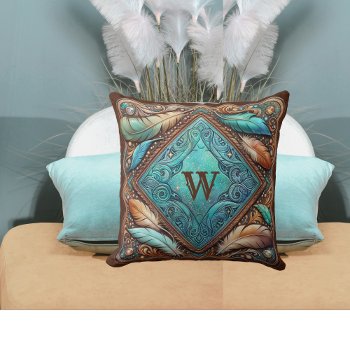 Tooled Leather Print Feathers Custom Initial Throw Pillow by RODEODAYS at Zazzle