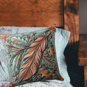 Tooled Leather Print Feathers Leaves Throw Pillow