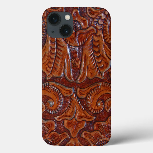 Tooled Leather PRINT in Cognac Brown iPhone Case (Back)