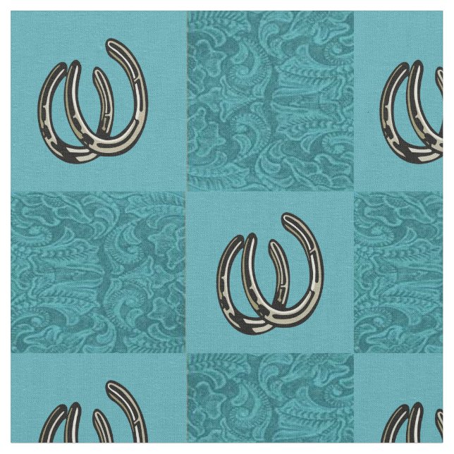 Tooled Leather Print Teal Block Print Horseshoes Fabric (Close Up)