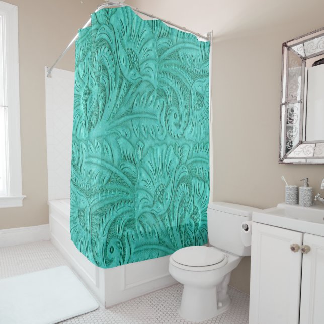 Tooled Leather Turquoise Large Print Western Shower Curtain (In Situ)