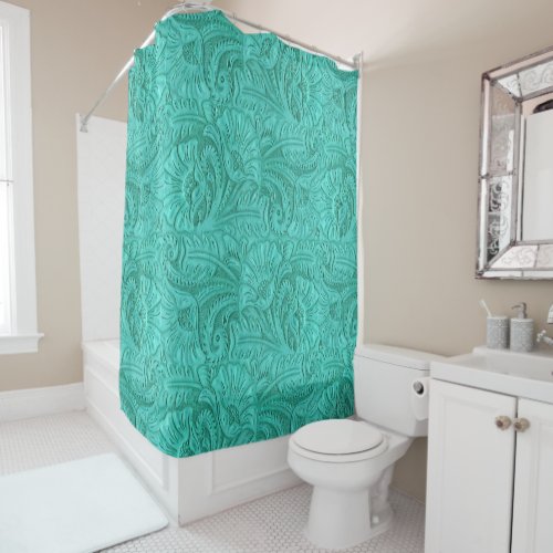 Tooled Leather Turquoise Medium Print Western Shower Curtain