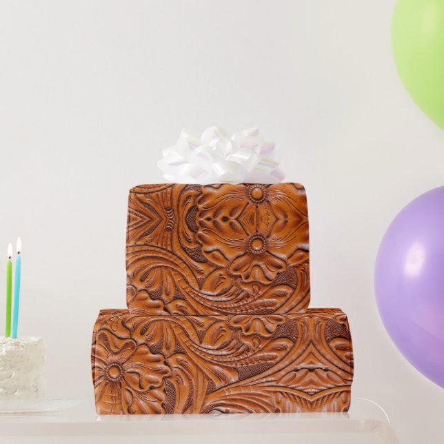 Tooled Leather Western Cowboy Natural Style  Wrapping Paper (Party Gifts)