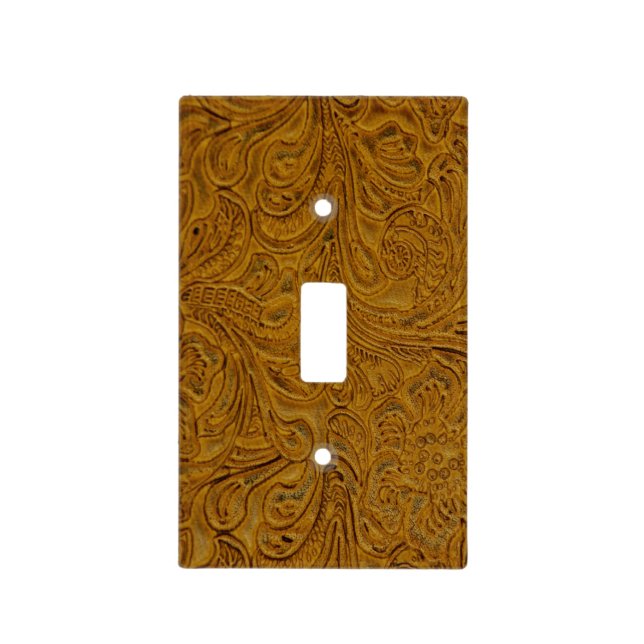 Tooled Tan Leather Look (Faux) Western Light Switch Cover (Front)