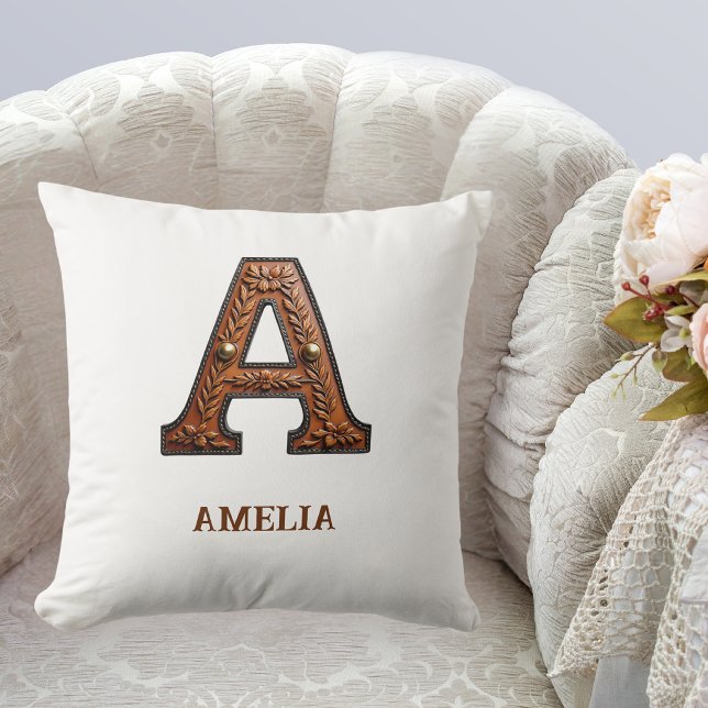 Tooled Western Leather Initial Monogram A Throw Pillow (Creator Uploaded)