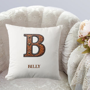 Tooled Western Leather Initial Monogram B Throw Pillow