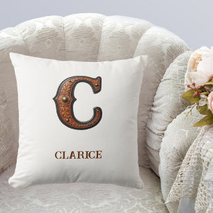 Tooled Western Leather Initial Monogram C Throw Pillow