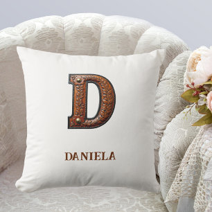 Tooled Western Leather Initial Monogram D Throw Pillow