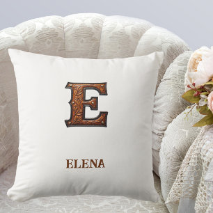 Tooled Western Leather Initial Monogram E Throw Pillow