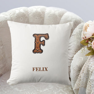 Tooled Western Leather Initial Monogram F Throw Pillow