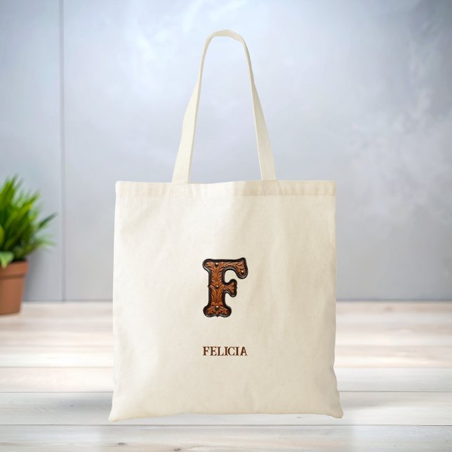 Tooled Western Leather Initial Monogram F Tote Bag (Creator Uploaded)