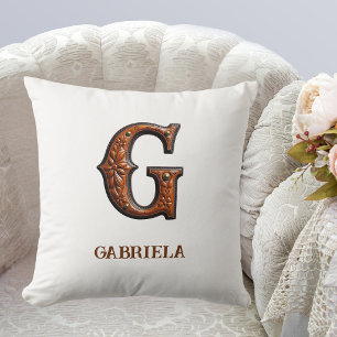 Tooled Western Leather Initial Monogram G Throw Pillow