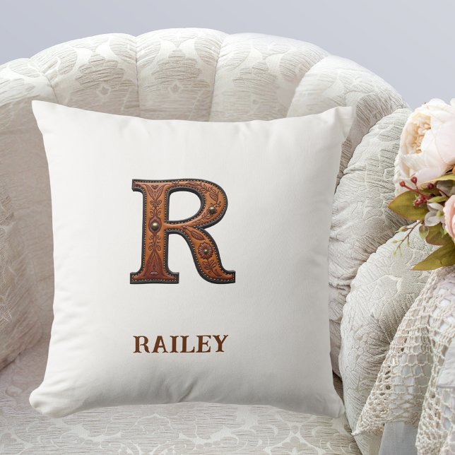 Tooled Western Leather Initial Monogram R Throw Pillow (Creator Uploaded)
