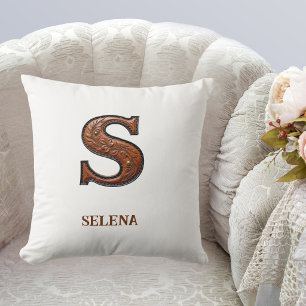 Tooled Western Leather Initial Monogram S Throw Pillow