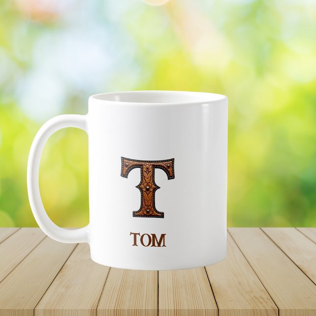 Tooled Western Leather Initial Monogram T Coffee Mug (Creator Uploaded)