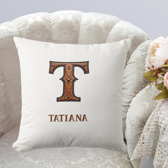 Tooled Western Leather Initial Monogram T Throw Pillow (Creator Uploaded)