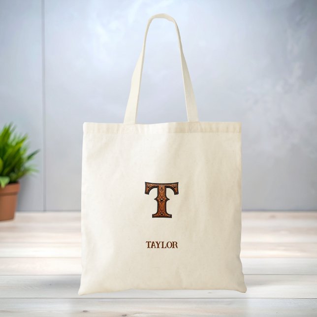 Tooled Western Leather Initial Monogram T Tote Bag (Creator Uploaded)