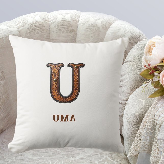 Tooled Western Leather Initial Monogram U Throw Pillow (Creator Uploaded)