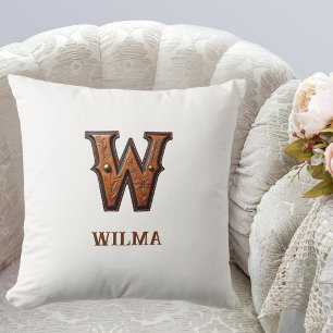 Tooled Western Leather Initial Monogram W Throw Pillow