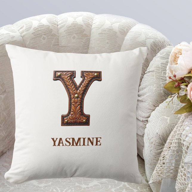 Tooled Western Leather Initial Monogram Y Throw Pillow (Creator Uploaded)