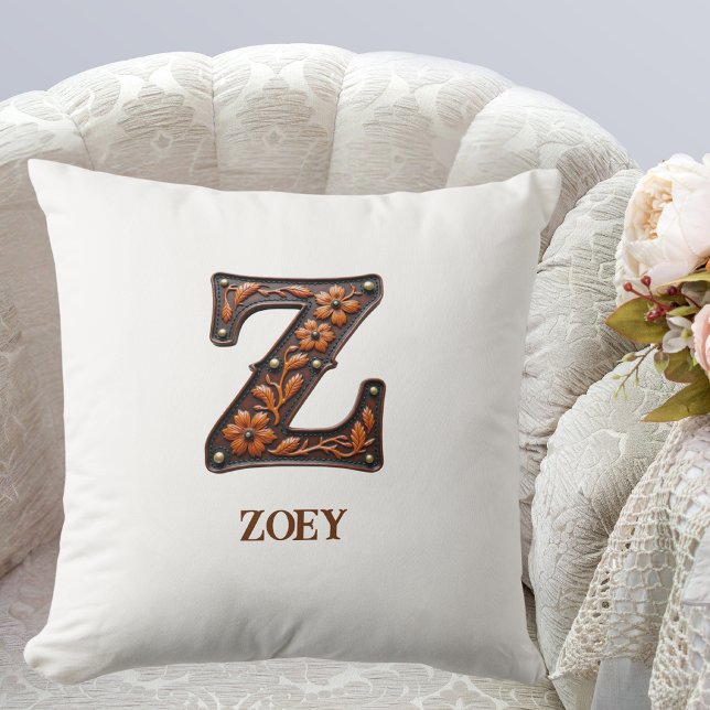 Tooled Western Leather Initial Monogram Z Throw Pillow (Creator Uploaded)