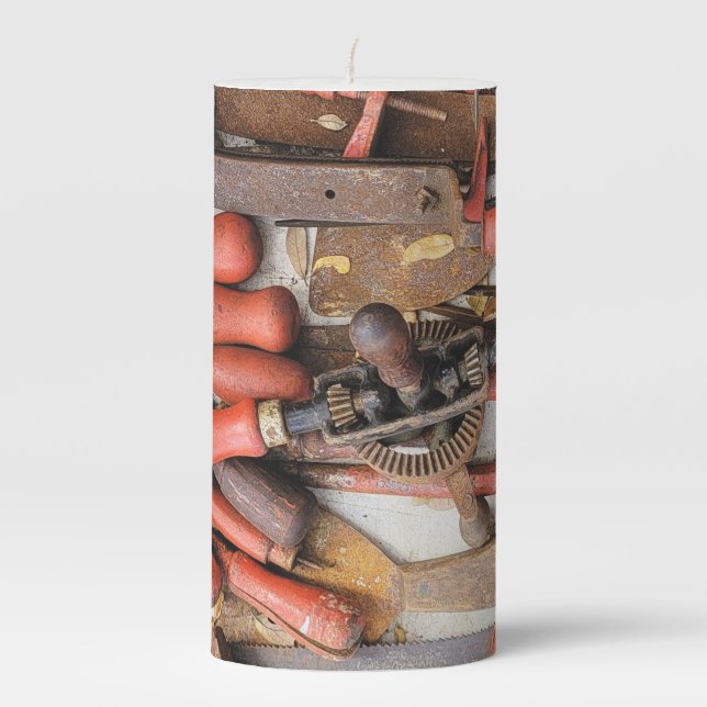 Tools Antique Rustic Red Man Tool Pillar Candle (Front)