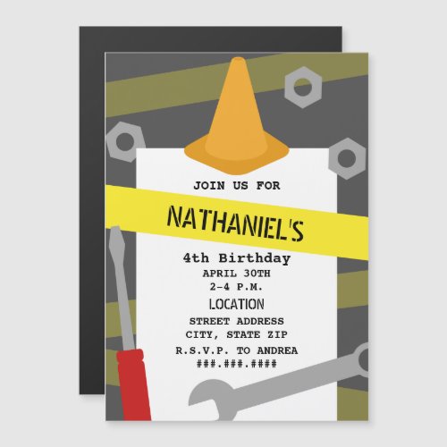 Tools Cone Caution Tape Construction Birthday Magnetic Invitation