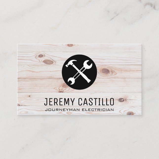Tools | Hardware Logo | Wooden Boards Background Business Card (Front)