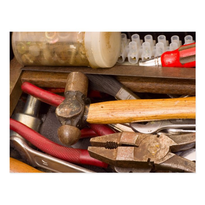 Tools in a messy toolbox post cards