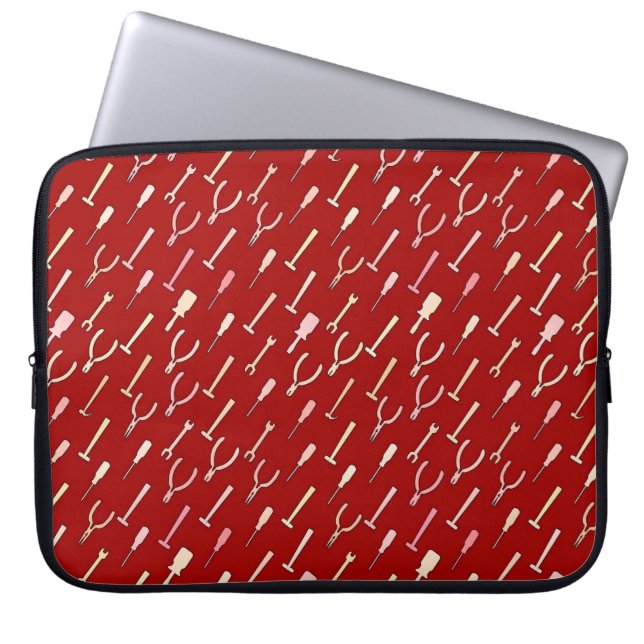 Tools, on burgundy laptop sleeve (Front)