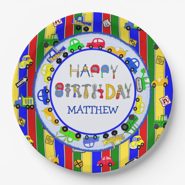 Tools, Trucks, Cars, Tractors Birthday Paper Plates (Front)