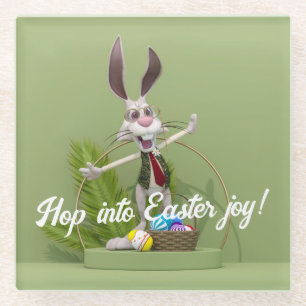 Toon Rabbit Standing near Easter Eggs Glass Coaster