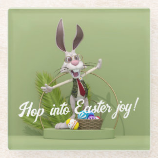 Toon Rabbit Standing near Easter Eggs Glass Coaster