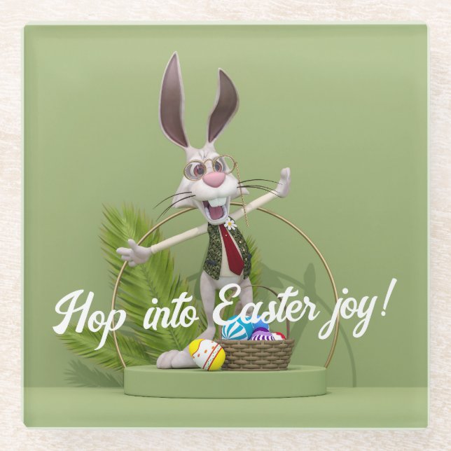 Toon Rabbit Standing near Easter Eggs Glass Coaster (Front)