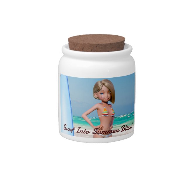 Toon Surfer Girl Posing on the Seashore Candy Jar (Front)