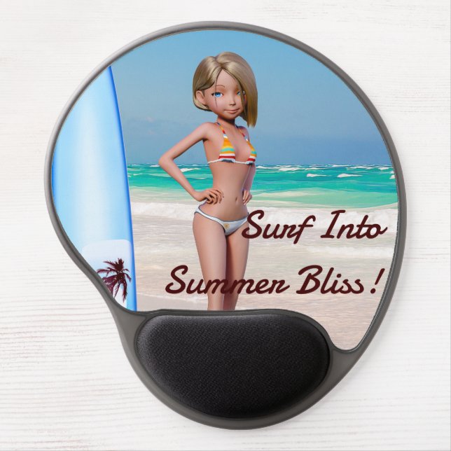 Toon Surfer Girl Posing on the Seashore Gel Mouse Pad (Front)