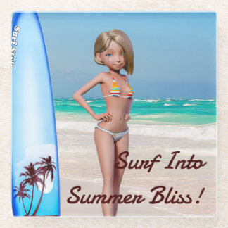 Toon Surfer Girl Posing on the Seashore Glass Coaster