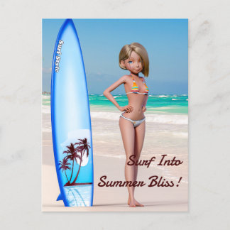 Toon Surfer Girl Posing on the Seashore Postcard