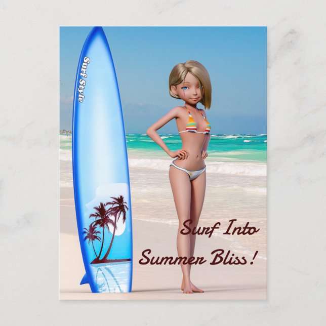 Toon Surfer Girl Posing on the Seashore Postcard (Front)