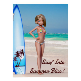 Toon Surfer Girl Posing on the Seashore Poster
