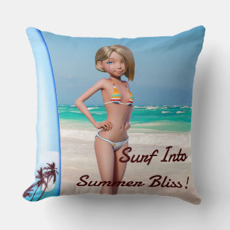 Toon Surfer Girl Posing on the Seashore Throw Pillow