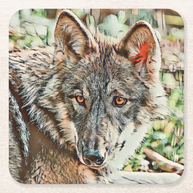 toony wolf square paper coaster (Front)
