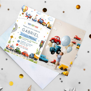Toot, Beep, Honk! Watercolor Birthday Invitation